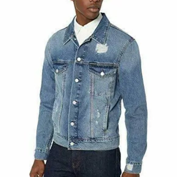 $148 Calvin Klein Men's Denim Trucker Jacket, Ed Blue Destruct, Large - Picture 1 of 6